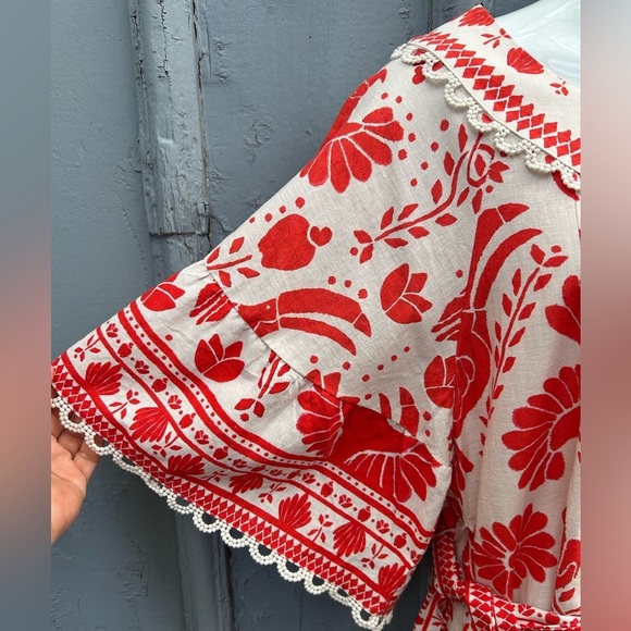 Farm Rio Jungle Flow Belted Mini Dress Red/ Cream Linen, Small - Picture 8 of 16